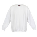 White crew neck fleece sweatshirt with ribbed cuffs and hem on plain background