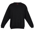 Black unisex fleece sweatshirt with crew neck, ribbed cuffs and hem, flat lay front view