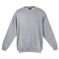 Grey marle fleece sweatshirt with crew neck and ribbed cuffs laid flat on white background