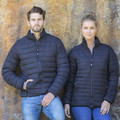 Navy quilted puffer jackets with horizontal channel stitching and full-length zippers modeled on man and woman