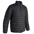 Charcoal grey quilted puffer jacket with horizontal channel stitching, zip front closure and side pockets