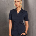 Navy short sleeve wrinkle-resistant shirt with classic collar and button-front closure for women
