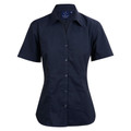 Navy blue short sleeve business shirt with button-front placket and tailored fit for women