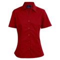 Rich red women's short sleeve collared shirt with button-front closure and wrinkle-resistant finish