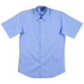 Sky blue short sleeve business shirt with collar, chest pocket and button-front closure