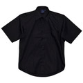 Black short sleeve business shirt with button-front closure and wrinkle-resistant fabric finish