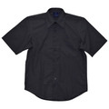 Charcoal short sleeve business shirt with classic collar and button-front closure on flat background