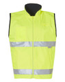 Hi-vis yellow reversible safety vest with silver reflective tape and mandarin collar, showing chest pockets and black contrast trim