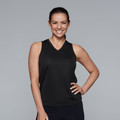 Black sleeveless V-neck singlet with smooth polyester fabric and relaxed athletic fit