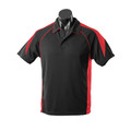 Black polo shirt with red contrast panels and piping detail on collar and sleeves
