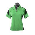 Lime green ladies polo shirt with black contrast panels and piping detail on sleeves and shoulders