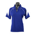 Royal blue ladies polo shirt with white contrast panels and piping detail on collar and sleeves