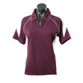 Maroon ladies polo shirt with white contrast piping and shoulder panels