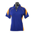 Royal blue ladies polo with gold contrast panels and white piping detail