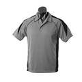 Grey polo shirt with black contrast side panels and piping detail on shoulders and sleeves
