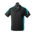 Black polo shirt with teal contrast piping and side panels, featuring collar and button placket
