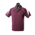 Maroon polo shirt with white contrast piping on raglan sleeves and side panels