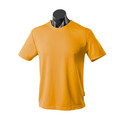 Gold crew neck short sleeve polyester tee on mannequin, smooth flat front panel, small side tab detail