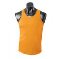 Orange sleeveless athletic singlet with mini waffle knit texture and curved hem on mannequin