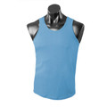 Sky blue mini waffle knit sleeveless singlet with crew neck and contrast binding on mannequin