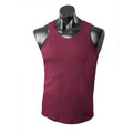 Maroon mini waffle knit polyester singlet with contrast grey binding on mannequin