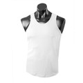 White sleeveless singlet with mini waffle knit texture and contrast shoulder panels on mannequin