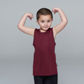 Child wearing burgundy sleeveless singlet with mini waffle knit texture and contrast black pants