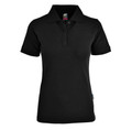 Black ladies' pique knit polo shirt with button placket and collar, stretch fabric with side vents