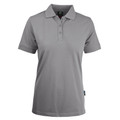Grey ladies polo shirt with collar and three-button placket in stretch pique knit fabric
