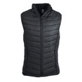Charcoal quilted puffer vest with full-length zip and stand collar on white background