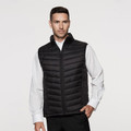 Black quilted puffer vest with horizontal channel stitching and zip front closure over white shirt