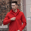 Red water repellent softshell jacket with hood, full zip front and side pockets with bonded fleece lining