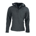 Charcoal grey softshell jacket with hood, chest pocket, and full-length zip with bonded fleece lining