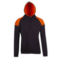 Navy fleece hoodie with orange shoulder panels and contrast orange hood lining