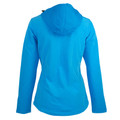 Bright cyan blue ladies softshell jacket with hood, back view showing smooth water-repellent finish