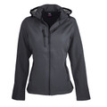 Charcoal grey women's softshell jacket with hood and chest pocket on white background
