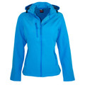 Cyan blue ladies softshell jacket with hood, front zip closure and chest pocket