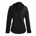 Black ladies softshell jacket with hood, back view showing bonded fleece construction and water repellent finish