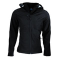 Black hooded softshell jacket with full front zipper and chest pocket, bonded fleece construction