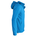 Cyan blue kids softshell jacket with hood and zippered sleeve pocket, side view showing water-resistant fabric