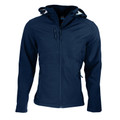 Navy hooded softshell jacket with full zip and chest pocket, featuring bonded fleece lining