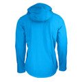 Cyan blue softshell jacket with hood shown from back, bonded fleece interior visible at neckline