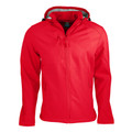 Bright red softshell jacket with grey hood lining and full-length zip, water repellent finish