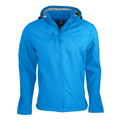 Cyan blue kids softshell jacket with hood, chest pocket, and full-length zip, featuring grey lining