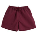 Maroon microfibre sports shorts with elasticated waistband and drawstring tie