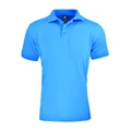 Sky blue honeycomb knit polo shirt with collar and button placket on white background