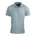 Light blue honeycomb knit polyester polo shirt with collar and button placket