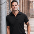 Black honeycomb knit polo shirt with collar and short sleeves showing textured fabric detail