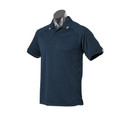 Navy polo shirt with grey contrast trim on collar and sleeve hems, featuring button placket and breathable knit fabric
