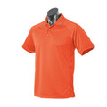Bright orange polo shirt with white buttons and contrast grey collar tipping on mannequin